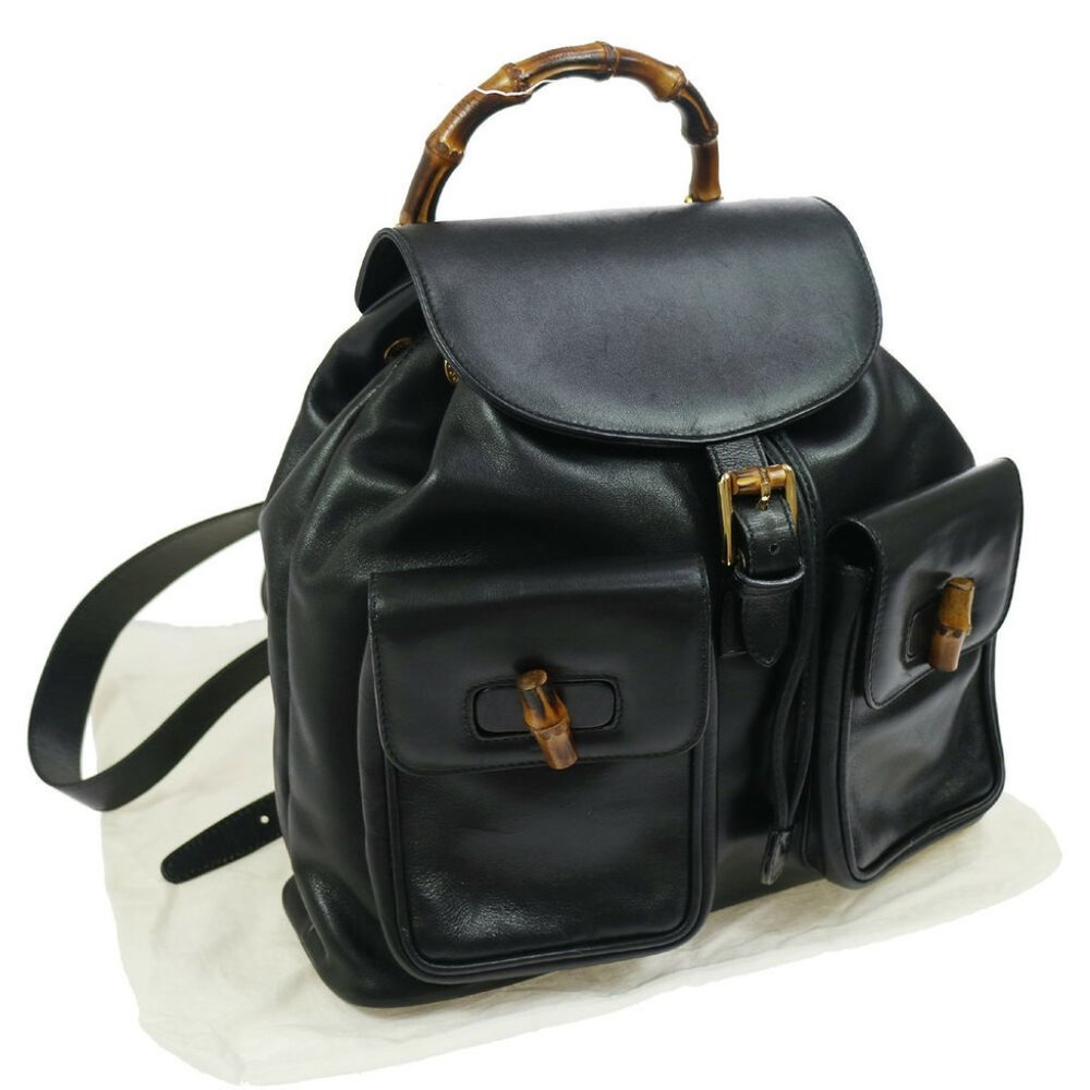 GUCCI Bamboo Line Backpack Black Leather Vintage G
